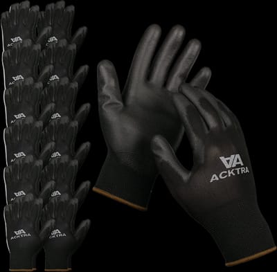 ACKTRA Ultra-Thin PU Safety WORK GLOVES 12 Pairs, WG002 Black / Black, Large