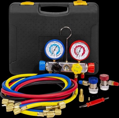 XtremepowerUS 4 Way AC Manifold Gauge Set R410A R22 R134A HVAC Diagnostic Charging Tool Quick Adapter w/Hose Set + Carrying Case