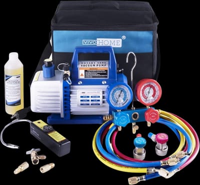 VIVOHOME 110V 1/3 HP 4CFM Single Stage Rotary Vane Air Vacuum Pump and R134a AC Manifold Gauge Set Kit with Leak Detector Carry Bag for HVAC Air Conditioning Refrigeration Recharging ETL Listed