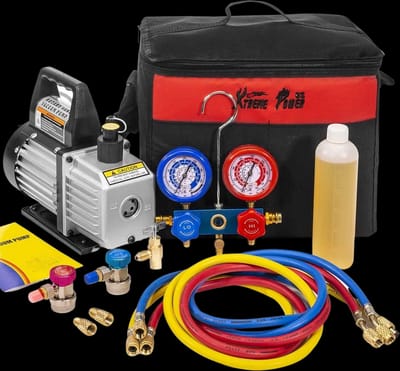 XtremepowerUS 3CFM 1/4HP Air Vacuum Pump HVAC R134a R12 R22 R410a A/C Refrigeration Kit AC Manifold Gauge R134 Can Tap Included Carrying Tote