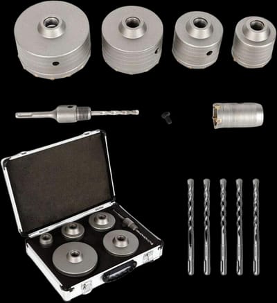 Kelbert-12 PC. Hole Saw Kit with Hard Aluminum Case Concrete Hole Saw Set Includes SDS Plus Arbor Shank, 3-7/8”, 2-7/8”, 2-5/16”, 1-15/16” & 1-1/8" Core Hole Saw, Arbor and 5 Pilot bits.