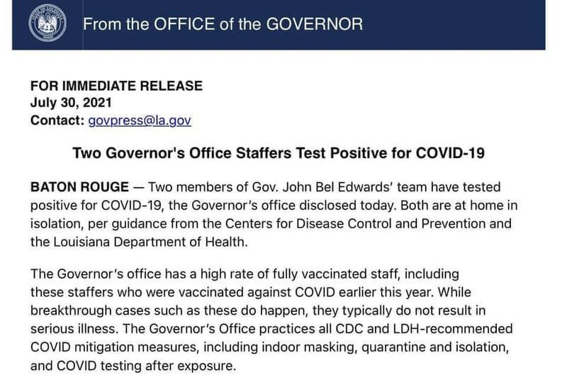 TWO FULLY VACCINATED GOVERNOR’S OFFICE STAFFERS TEST POSITIVE FOR COVID-19