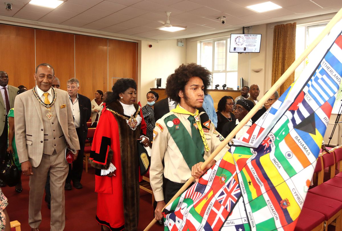 Pathfinder Corp and Flag Bearer lead the Mayor of Wolverhampton and Dignitaries