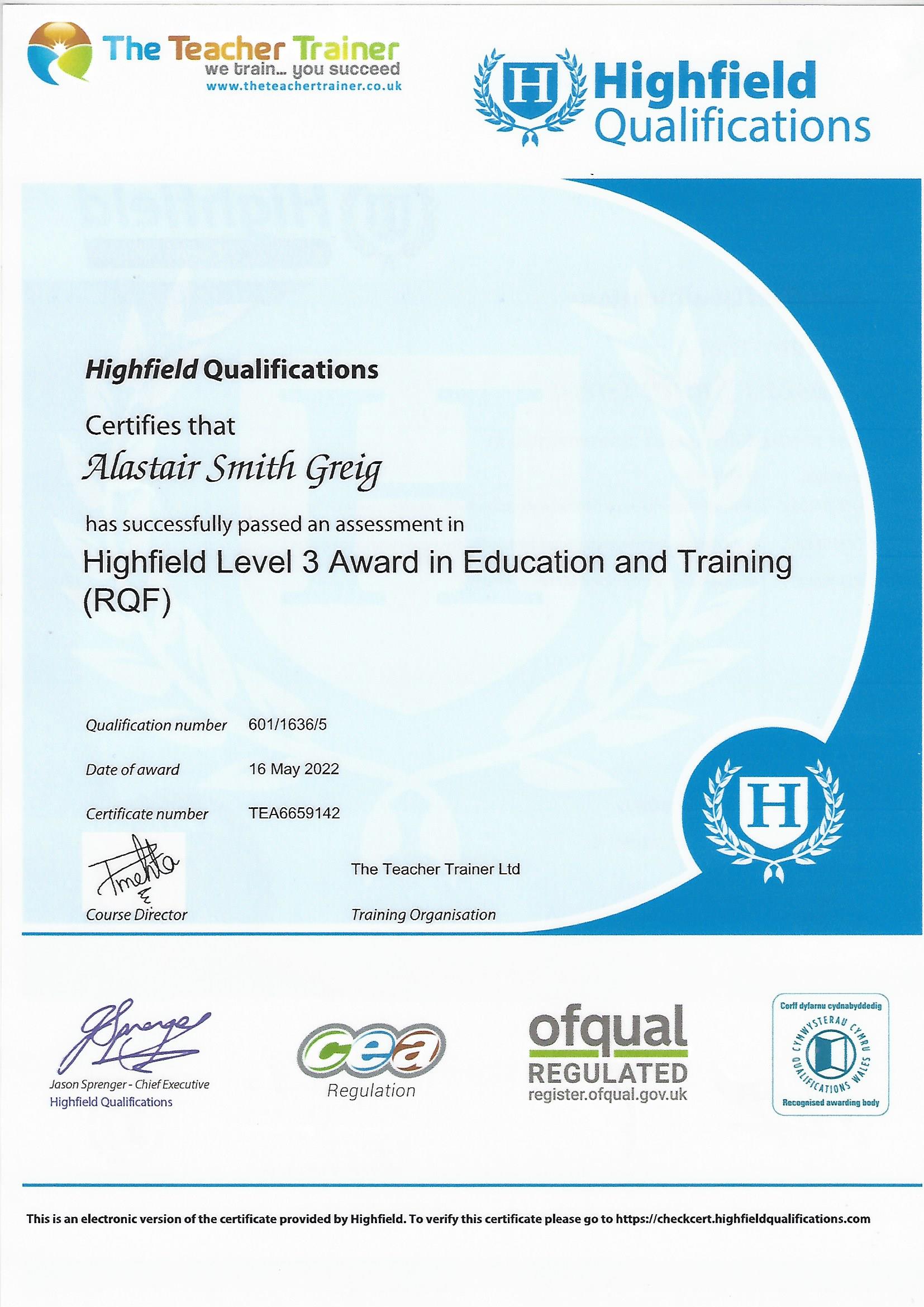Level 3 Award in Education and Training Certificate
