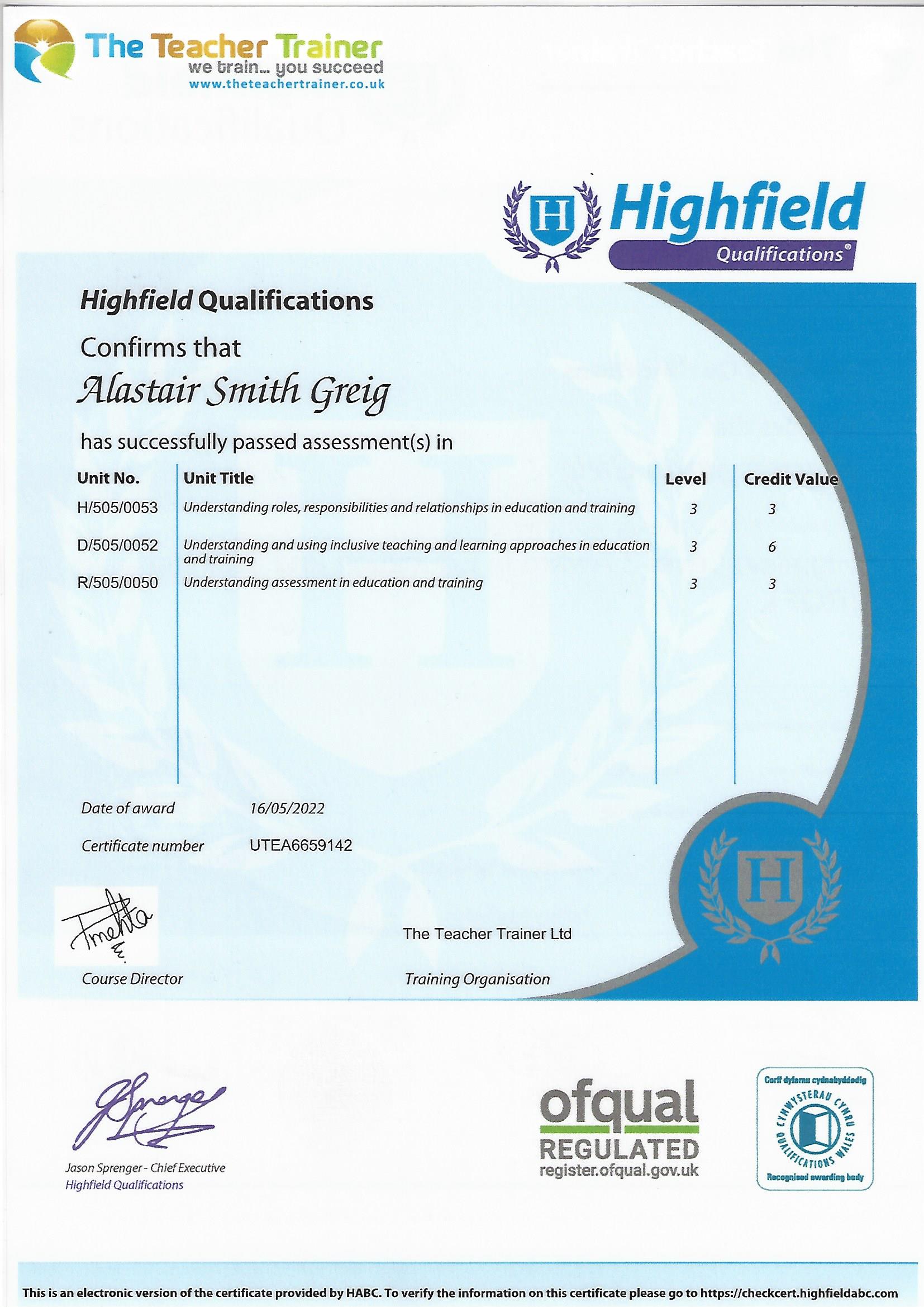 Level 3 Award in Education and Training Certificate
