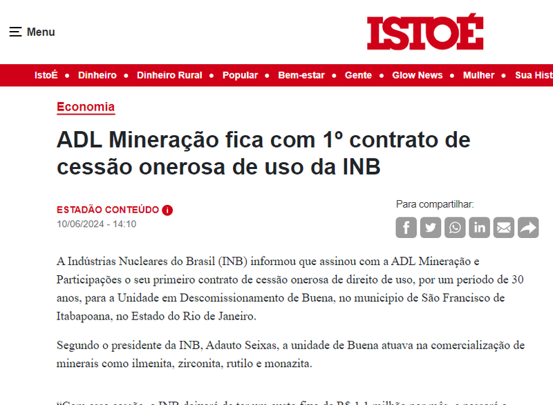 Publicação ISTOÉ - ADL Mineração fica com 1º contrato de cessão onerosa de uso da INB