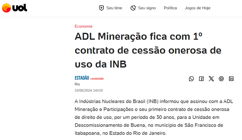 Publicação UOL - ADL Mineração fica com 1º contrato de cessão onerosa de uso da INB