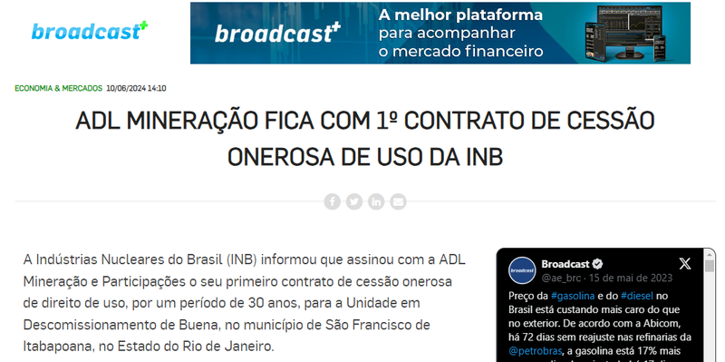 Publicação broadcast+ - ADL Mineração fica com 1º contrato de cessão onerosa de uso da INB