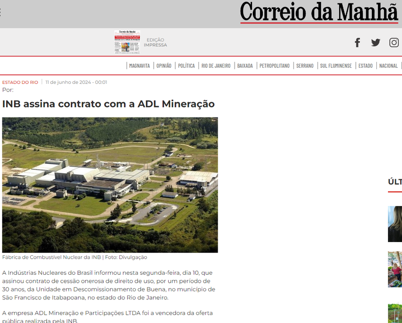 Publicação Correio da Manhã - INB assina contrato com a ADL Mineração