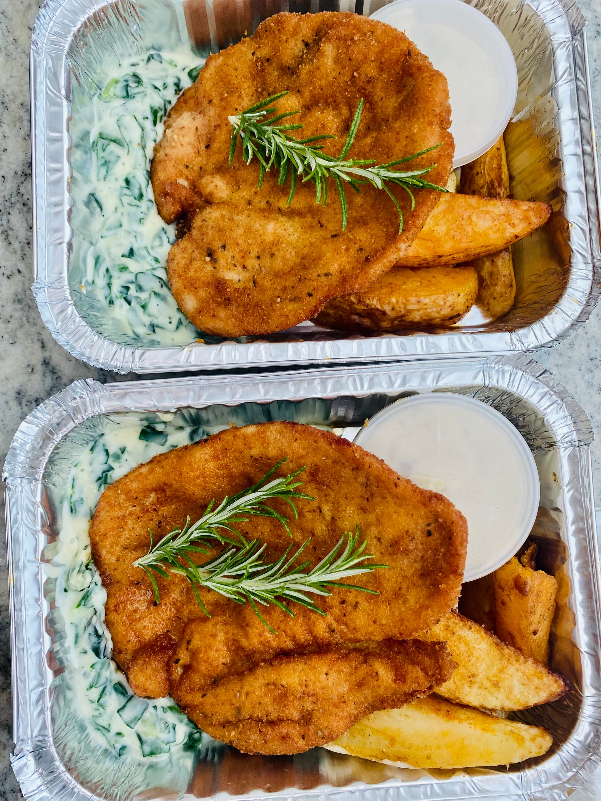 Chicken Schnitzel with Mushroom sauce, Creamed Spinach & Roast Wedges