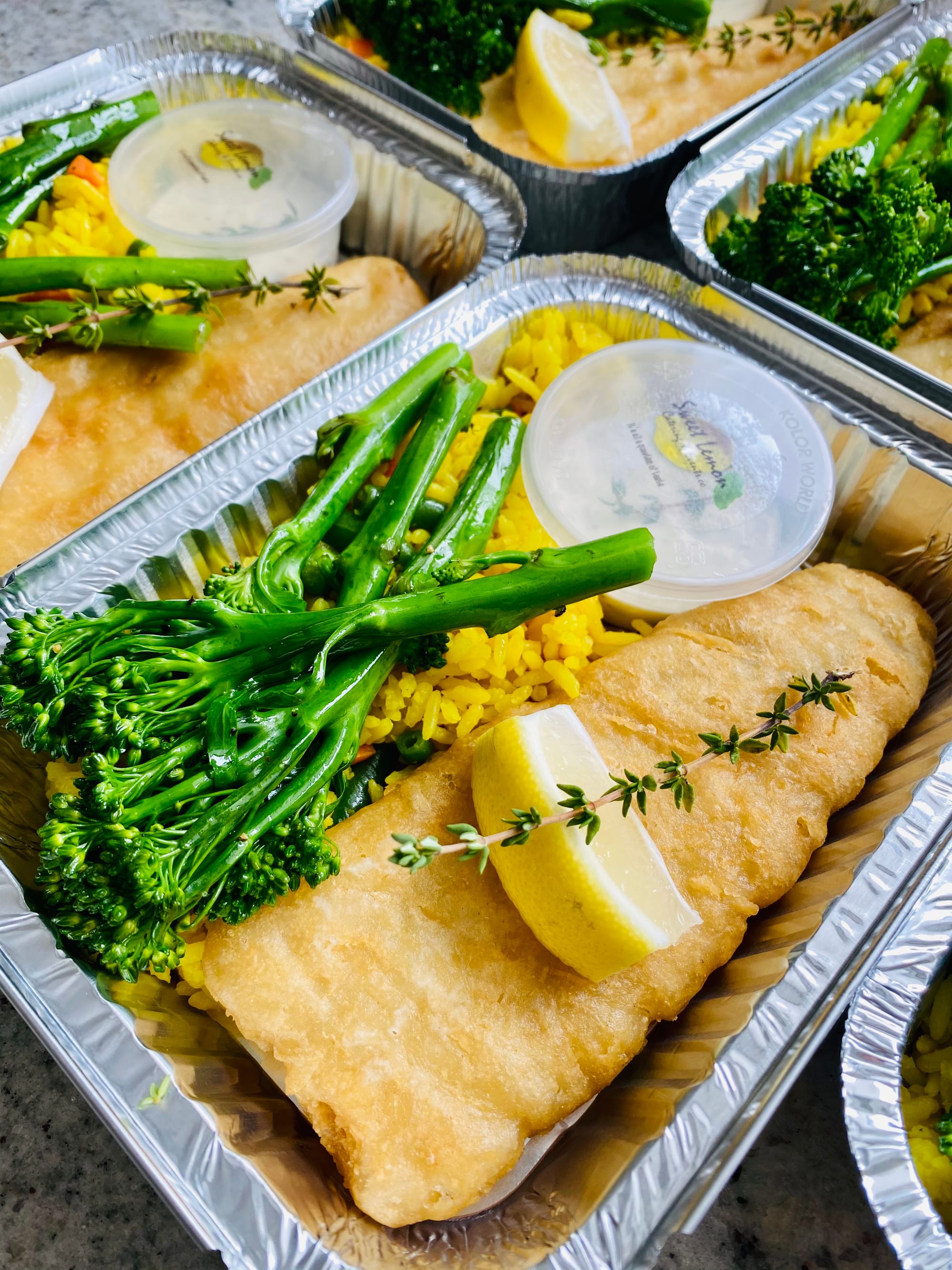 Battered Hake, Savoury Rice and Veg served with Tartar Sauce