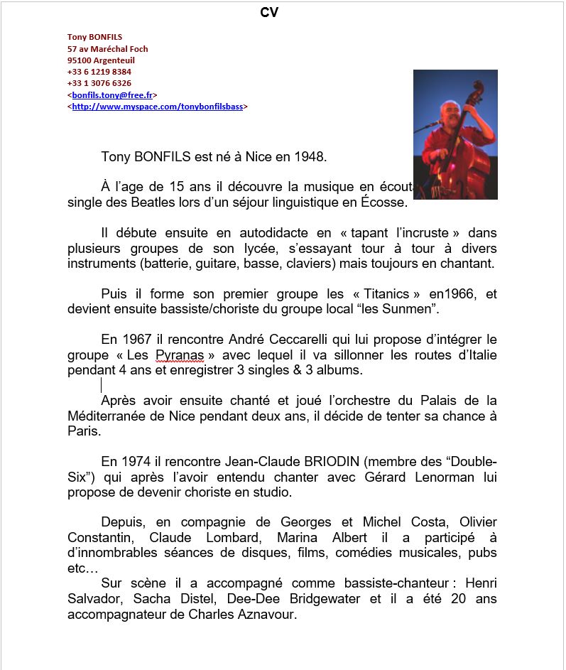 Tony Bonfils CV Chanteur