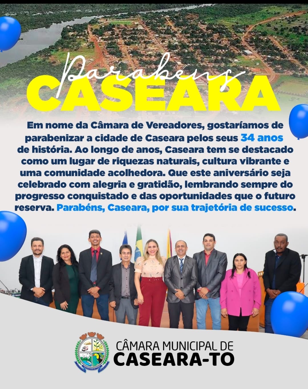 Vereadores de Caseara divulga material institucional sobre o 34º ano de aniversário de emancipação política