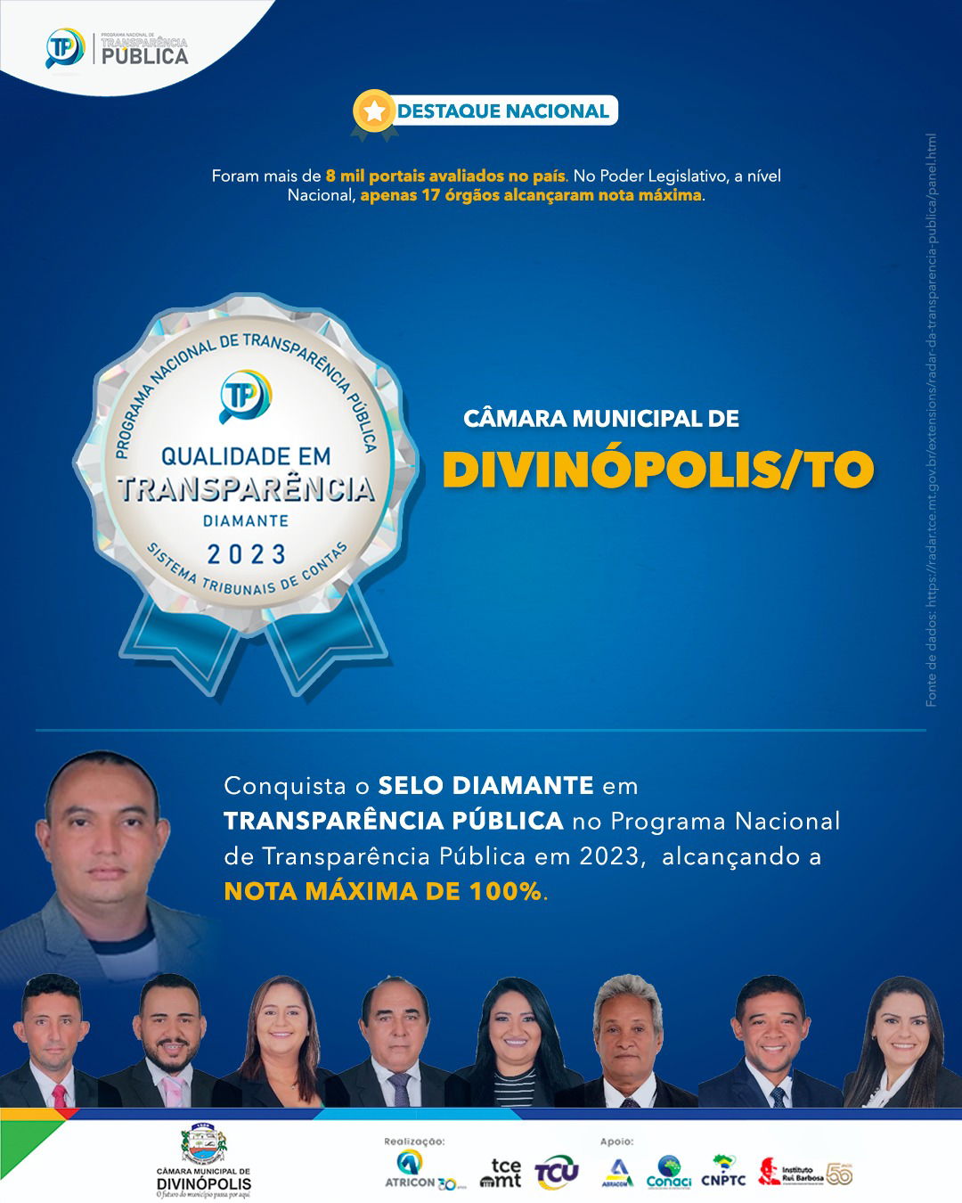 Câmara de Vereadores de Divinópolis do Tocantins alcança Selo Diamante de  100% Transparente na gestão do presidente Professor Ozias