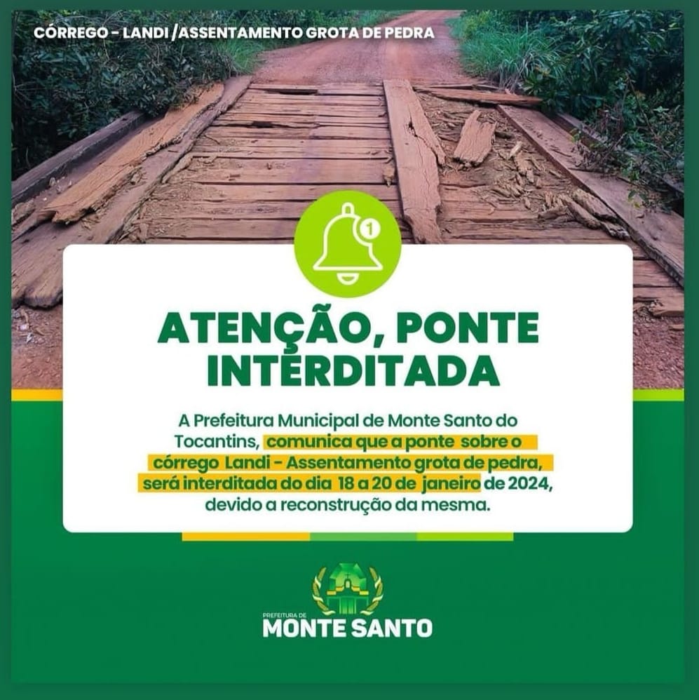 Prefeitura de Monte Santo do Tocantins reconstrói ponte sobre o córrego Landi