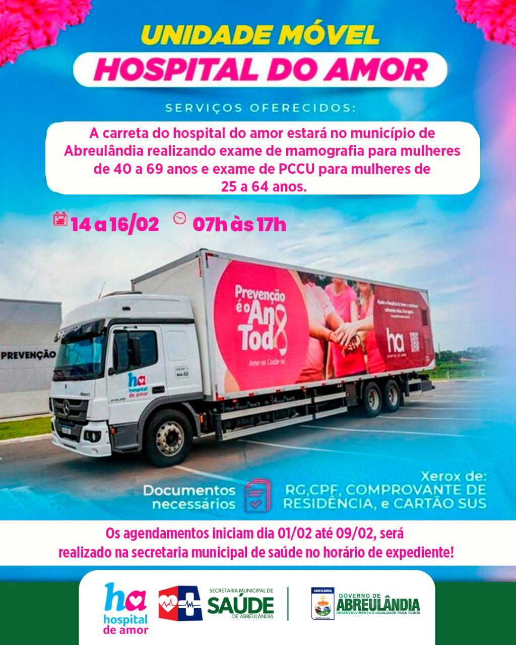 Unidade Móvel do Hospital de Amor atenderá em Abreulândia nos dias 14 a 16 de fevereiro