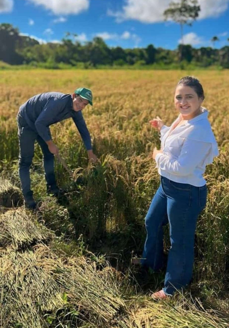 Irmão Geciran e primeira dama Rousinauria Saraiva participam do início da colheita de arroz de Roça Comunitária em Dois Irmãos