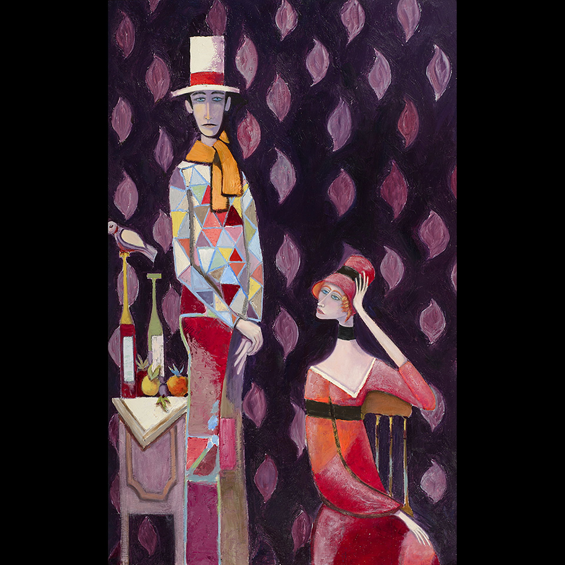 "Harlequin with Seated Lady in Red Orange"