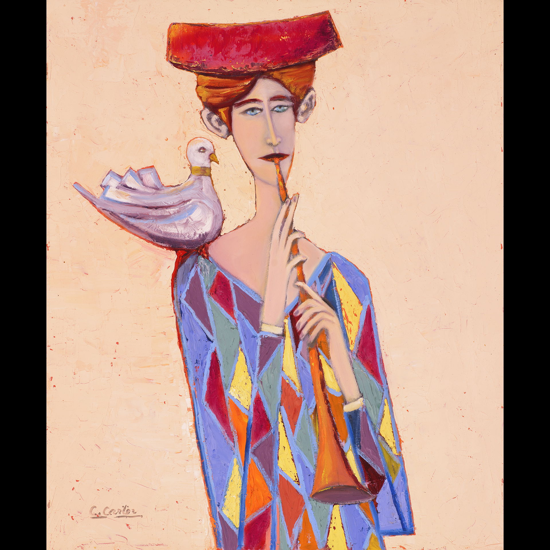 "Harlequin Flautist with Mauve Dove"