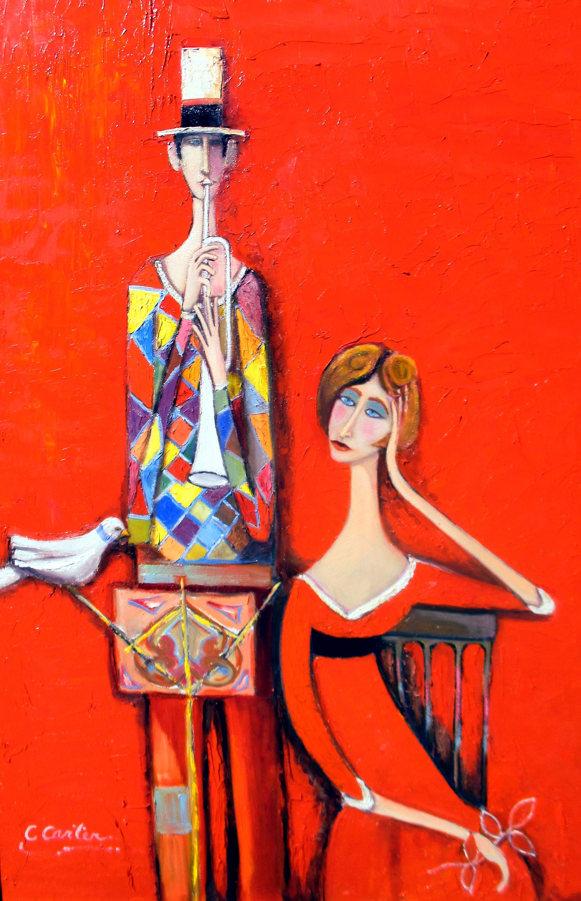 "Harlequin Musician with Seated Lady in Red Orange"