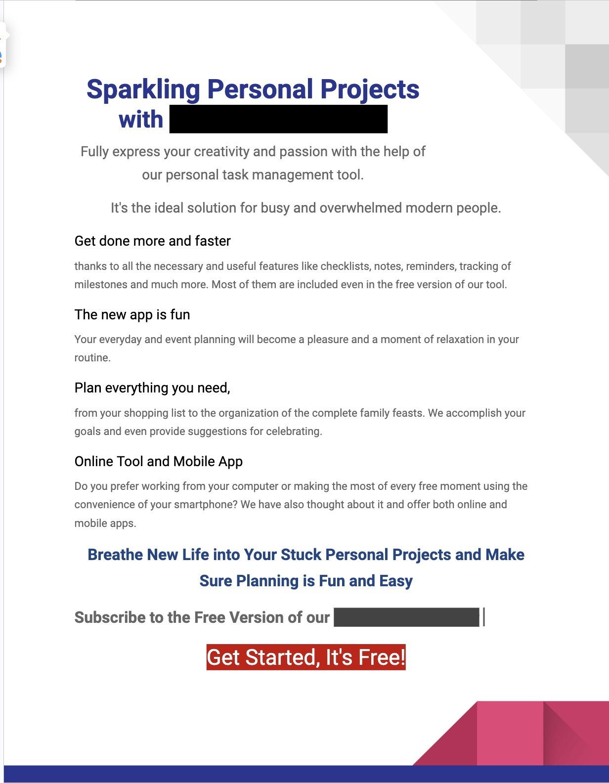 Sample Landing Page for subscriptions to a free version of a tool
