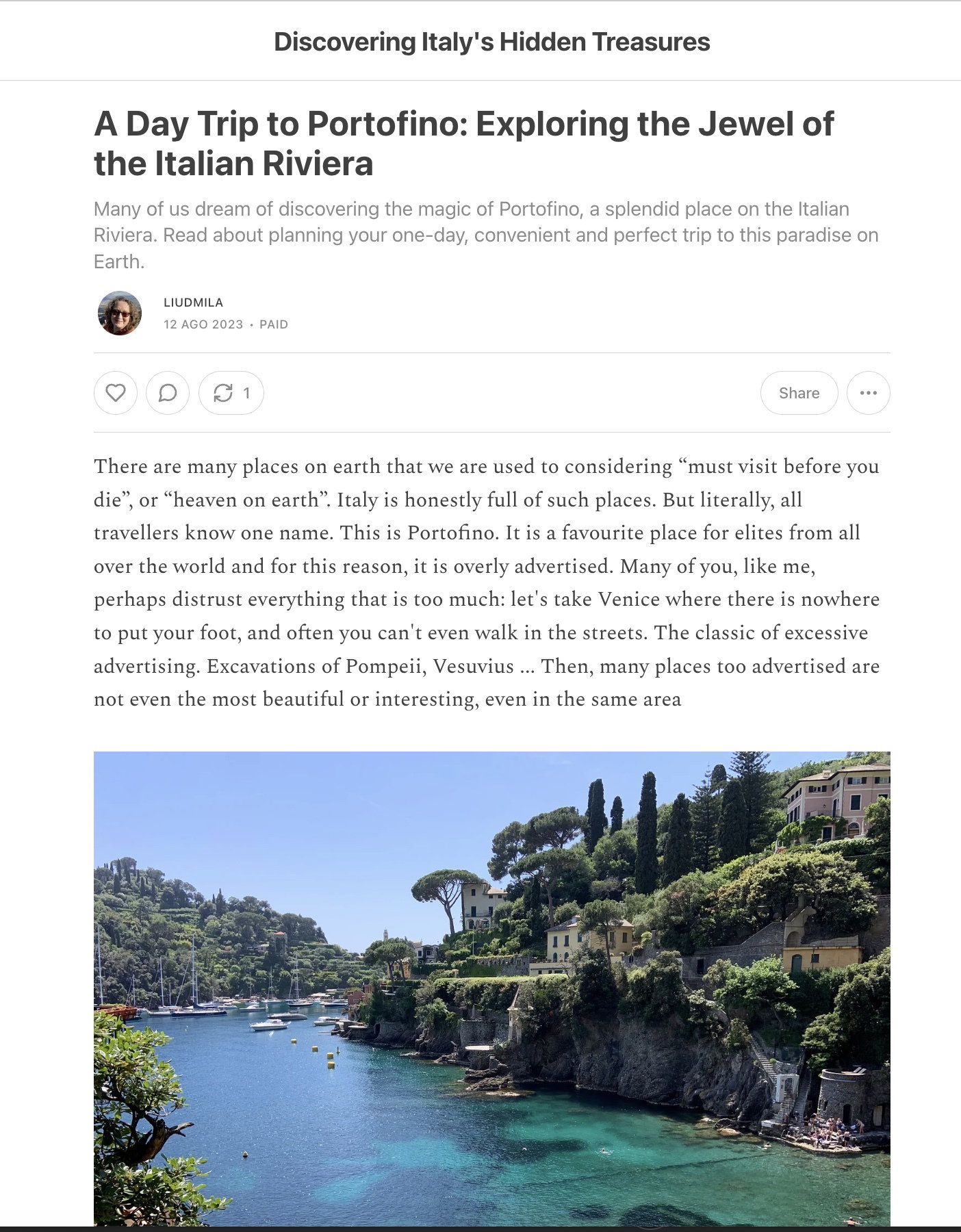 One email of the newsletter about travel in Italy