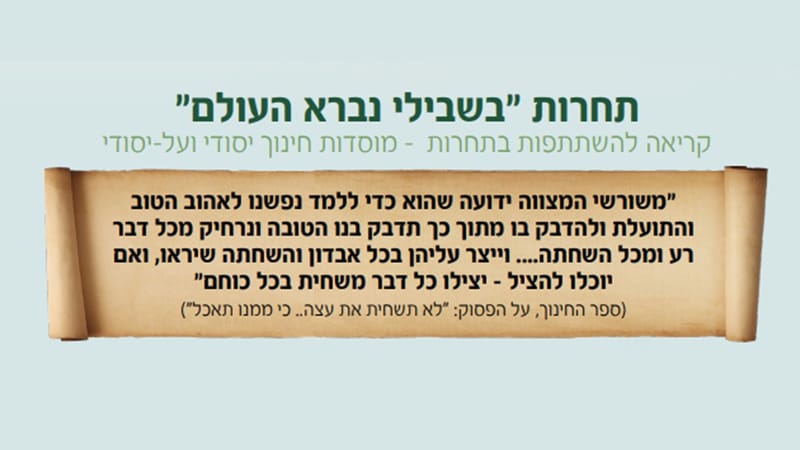 תחרות "בשבילי נברא העולם"קריאה להשתתפות בתחרות - מוסדות חינוך יסודי ועל-יסודי