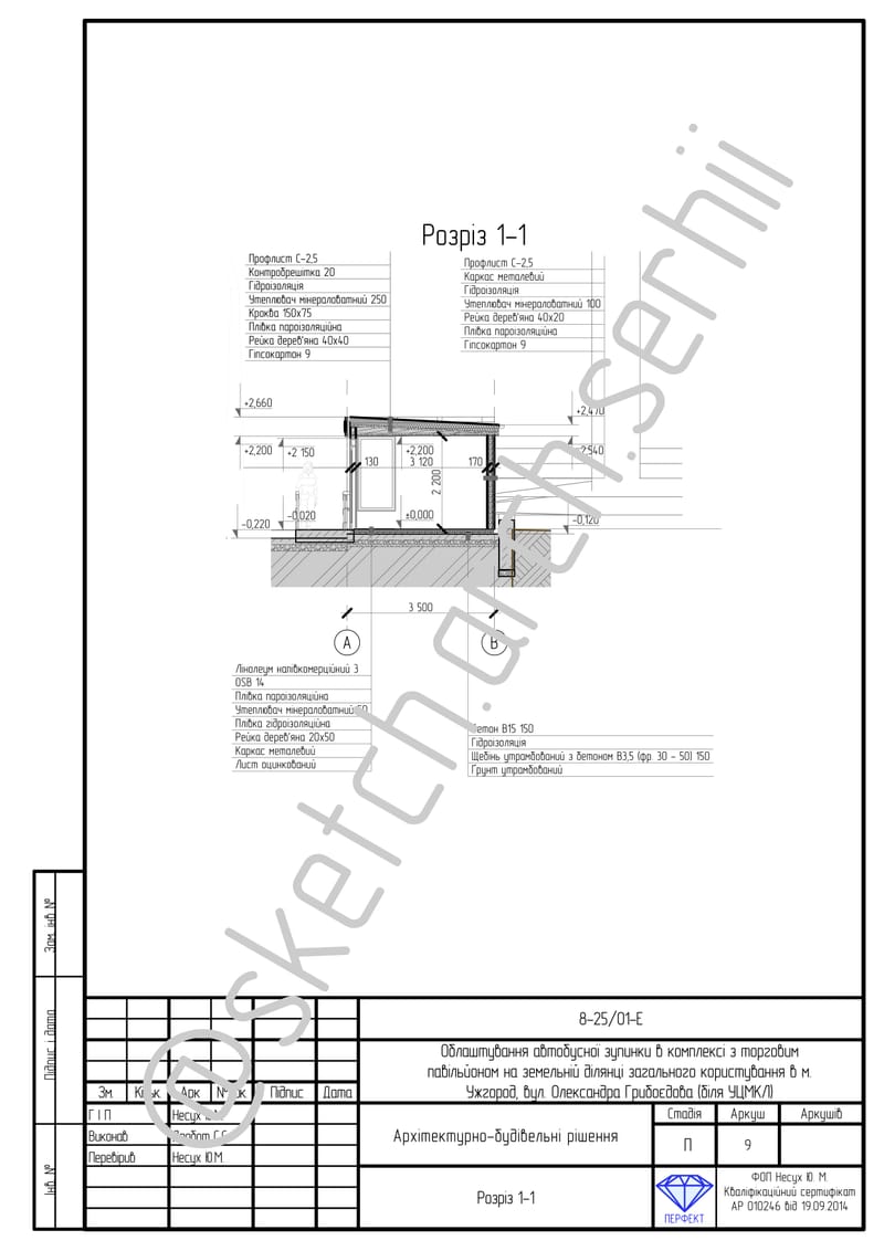 Sketch project (drafts) of a bus stop with a trade pavilion. / Ескізний проєкт автобусної зупинки з торговим павільйоном