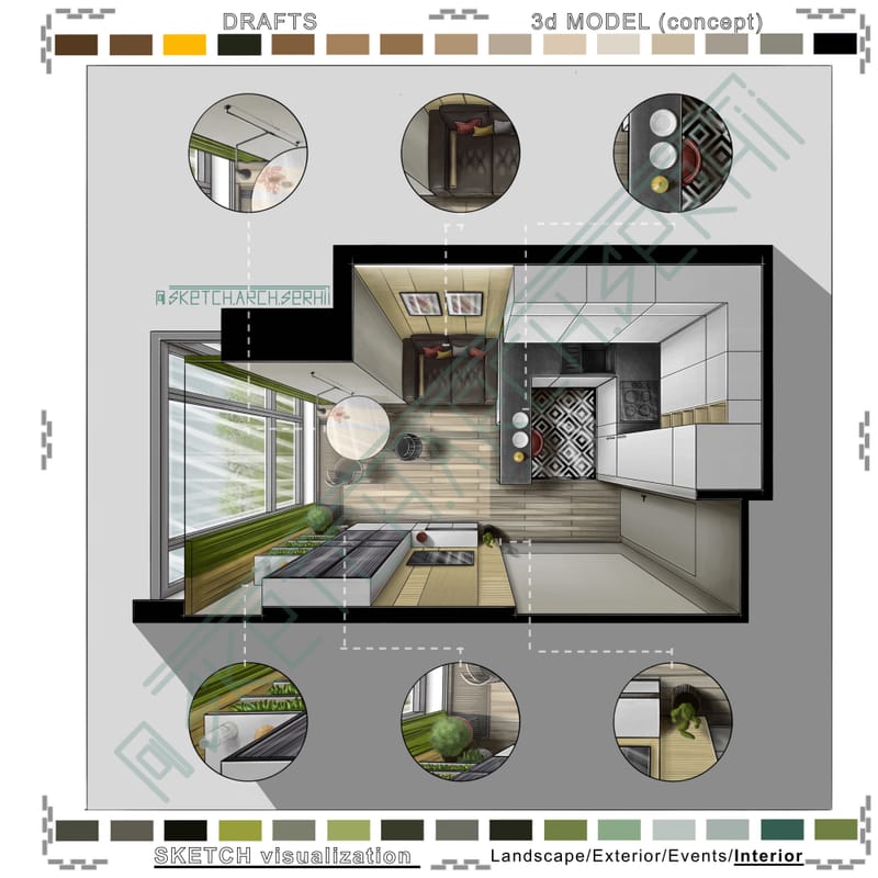 3d floor plan #1. Living room & Kitchen #2 | 3d план #1. Вітальня & кухня #2