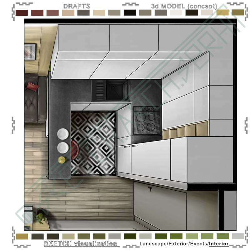 3d floor plan #1. Living room & Kitchen #2 | 3d план #1. Вітальня & кухня #2