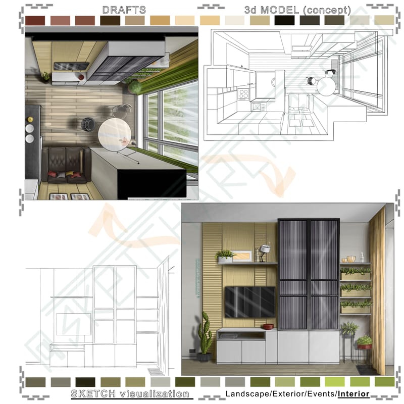 3d floor plan #1. Living room & Kitchen #2 | 3d план #1. Вітальня & кухня #2