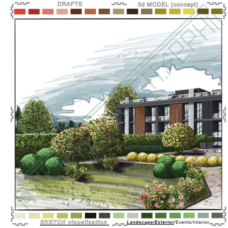 Landscape. An apartment building with a plot of land.