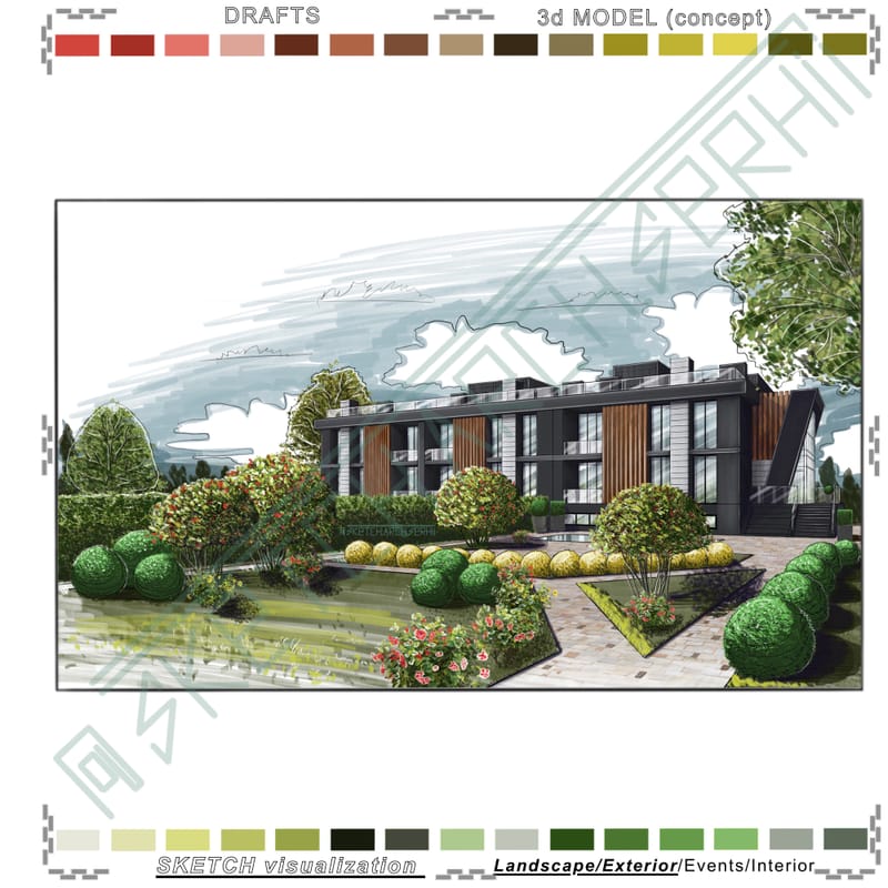 Landscape. An apartment building with a plot of land.