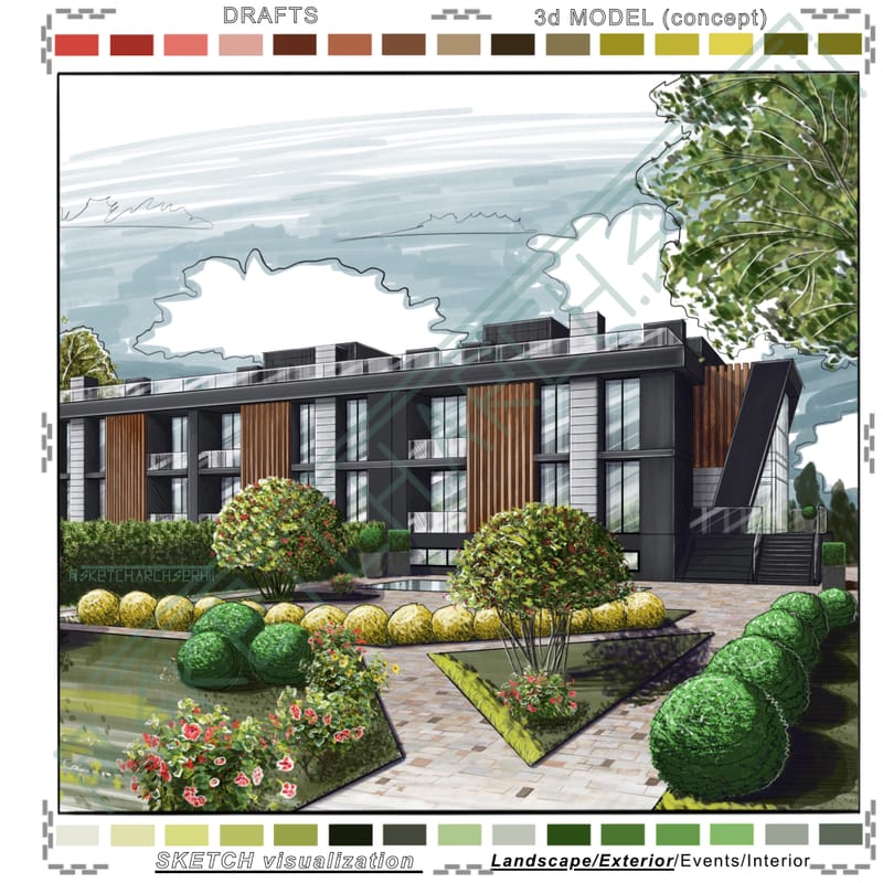 Landscape. An apartment building with a plot of land.