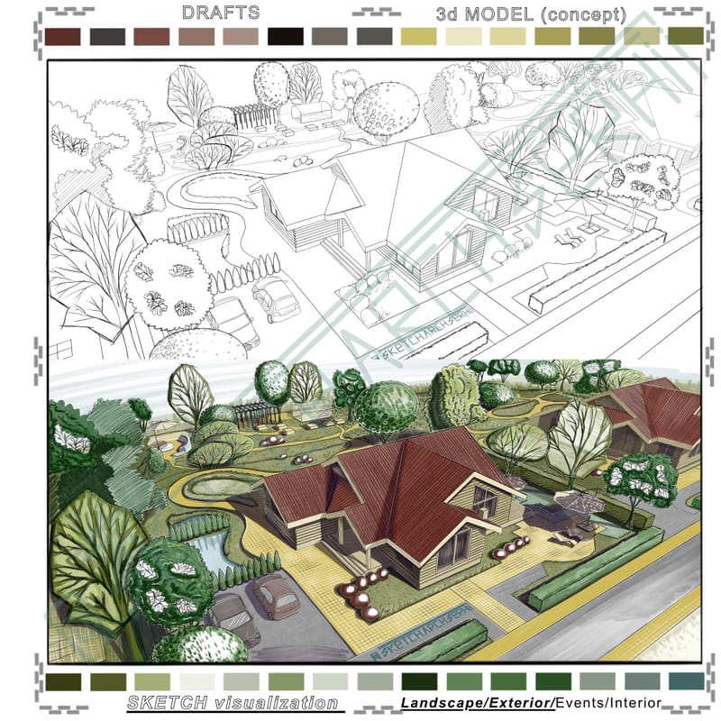 Landscape. A house with a plot of land. (Marker’s technique)