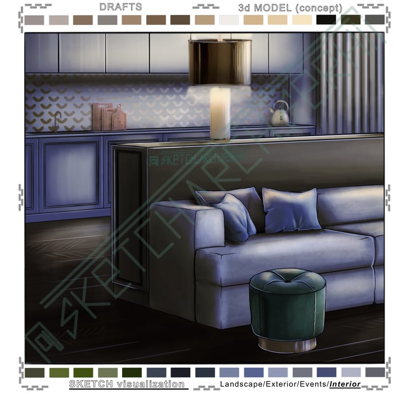 Living room & Kitchen #1. Night. | Вітальня & кухня #1. Нічний ракурс