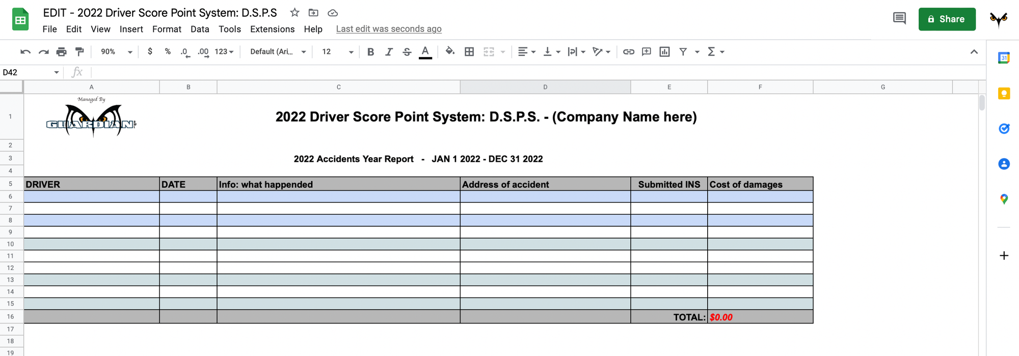 Spreadsheet Report on accidents for the year and the cost.