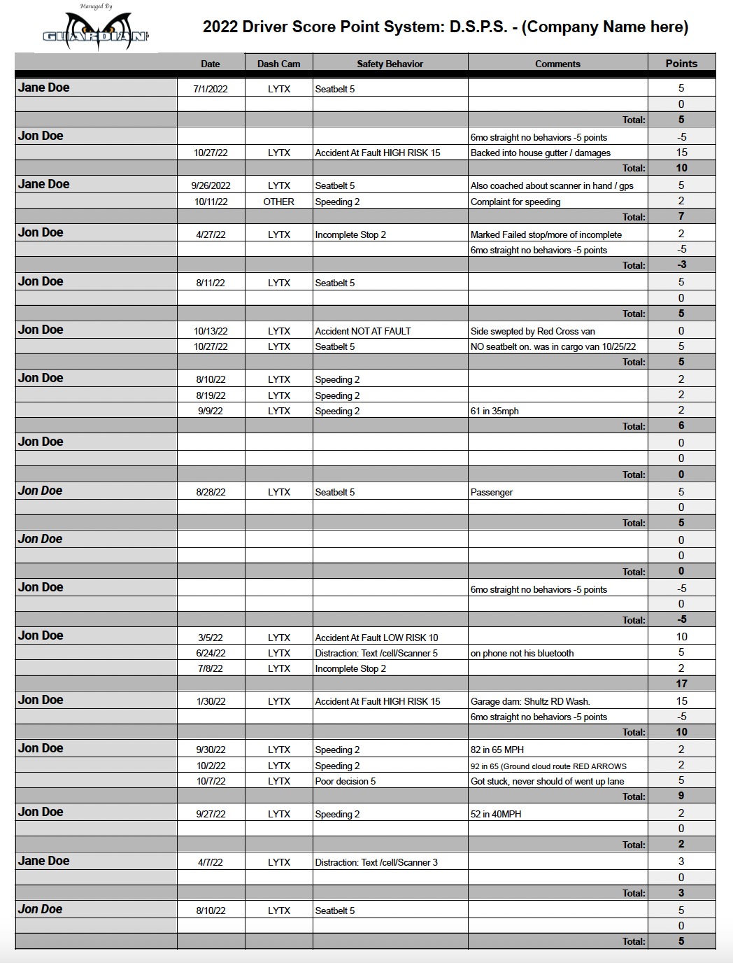 Drivers Detailed D.S.P.S. - Driver Score Points System