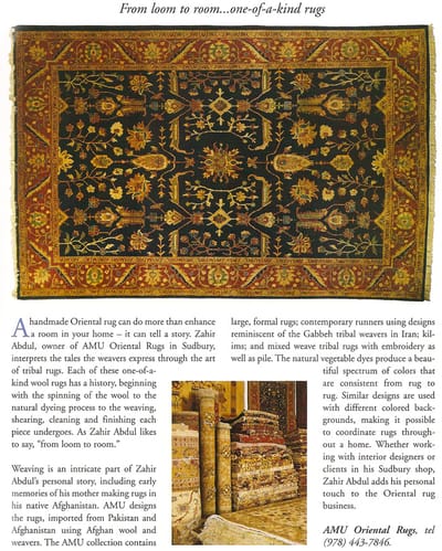 BOSTON DESIGN MAGAZINE "From Loom to room... one-of-a-kind rugs"