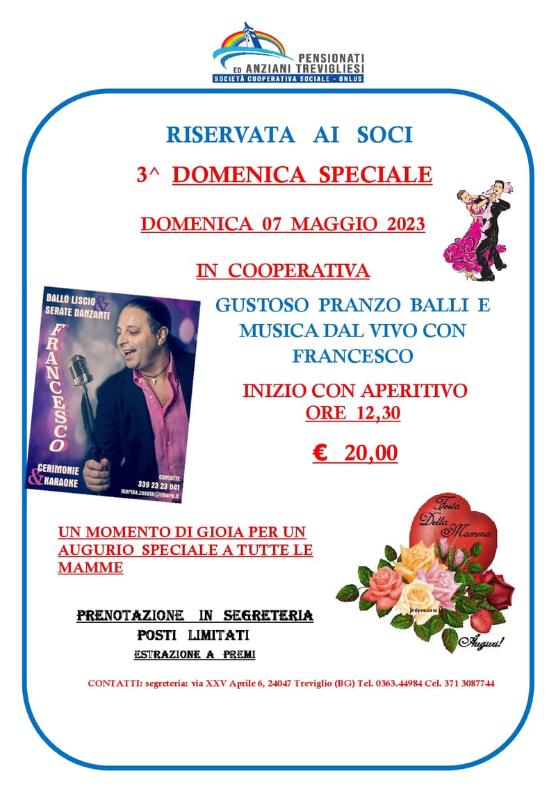 3^ DOMENICA SPECIALE - Domenica 07 Maggio - IN  COOPERATIVA - RISERVATA AI SOCI