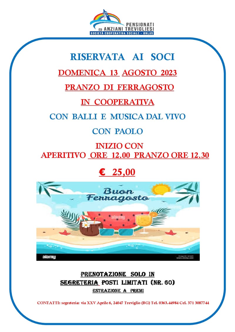 PRANZO DI FERRAGOSTO in COOPERATIVA - DOMENICA 13 AGOSTO 2023