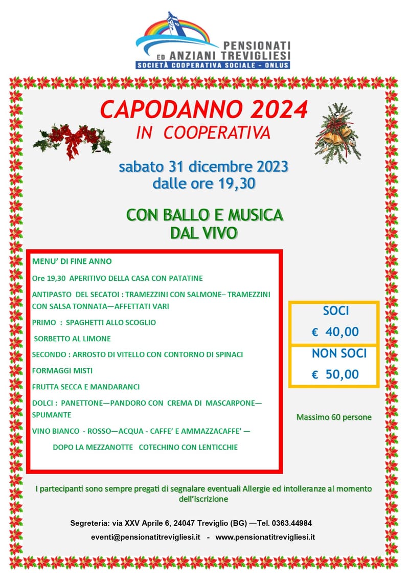 CAPODANNO 2024 IN COOPERATIVA  -  sabato 31 dicembre 2023 dalle ore 19,30