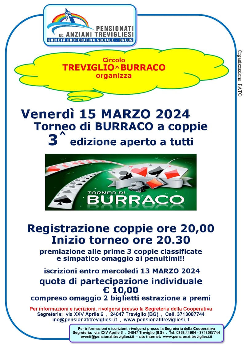 Torneo di BURRACO a coppie  3 ^  Edizione aperto a Tutti
