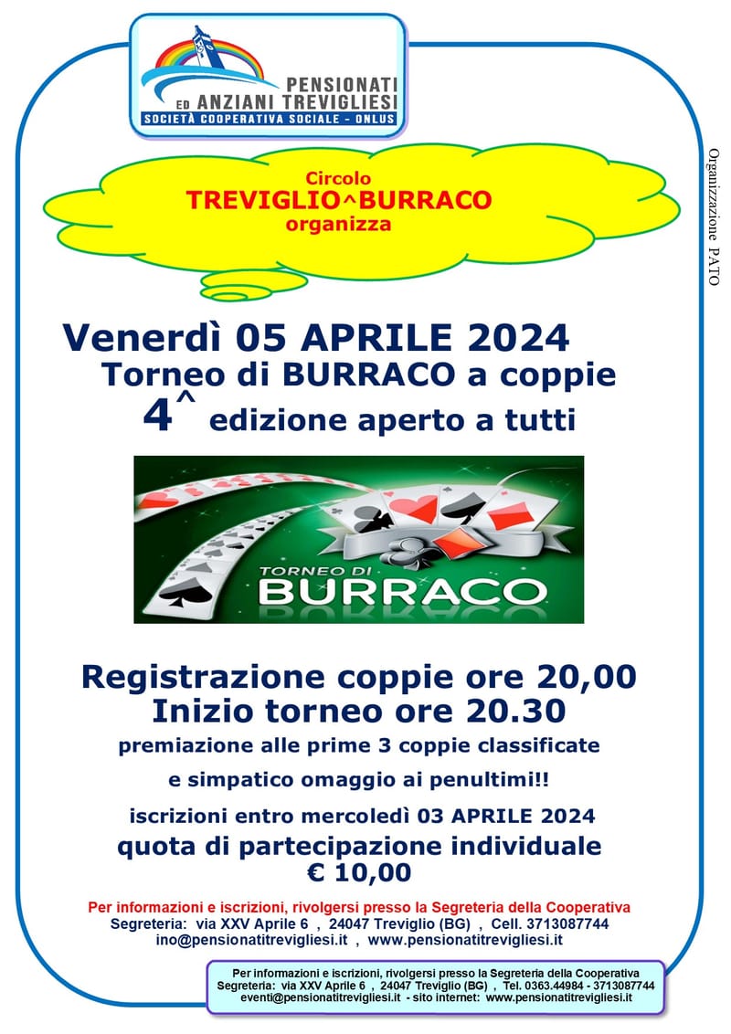 Torneo di BURRACO a coppie  4 ^  Edizione aperto a Tutti