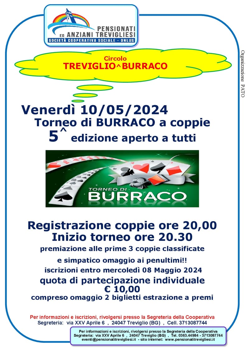 Torneo di BURRACO a coppie  5 ^  Edizione aperto a Tutti