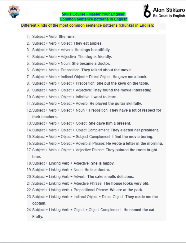 Different kinds of the most common sentence patterns (chunks) in ...