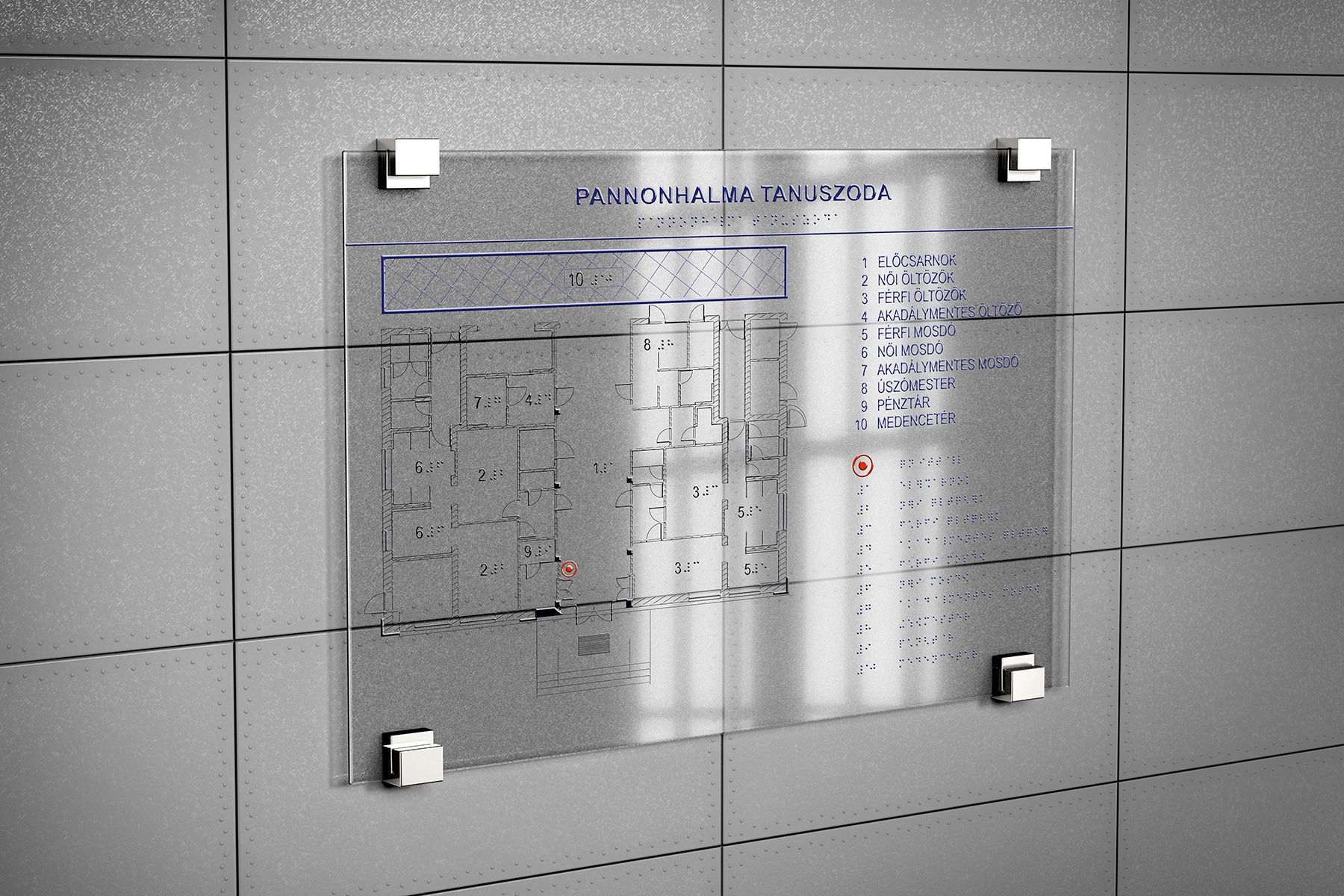 Plexi útbaigazító tábla Braille írással (domború lakk!)