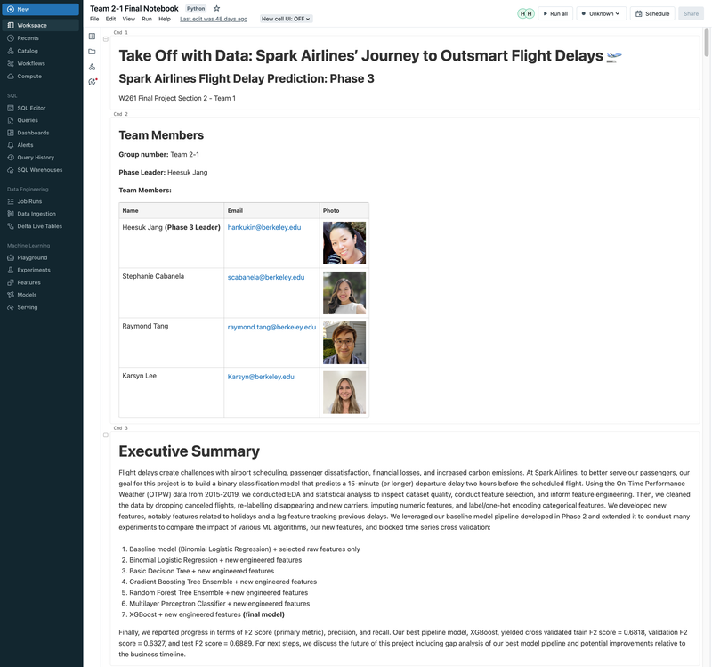 Flight Departure Delay with MLflow, Databricks, ML/DL Models, and GCP - UC Berkeley 2023