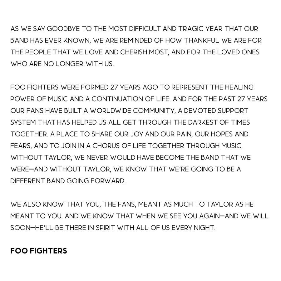 Foo Fighters confirm they will continue without Taylor Hawkins