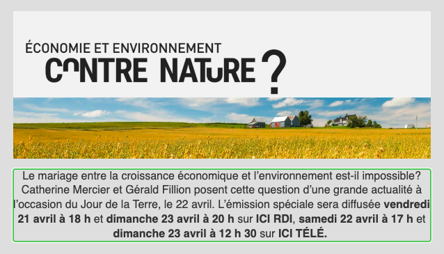 Le 21 avril à Radio-Canada - Croissance économique et environnement